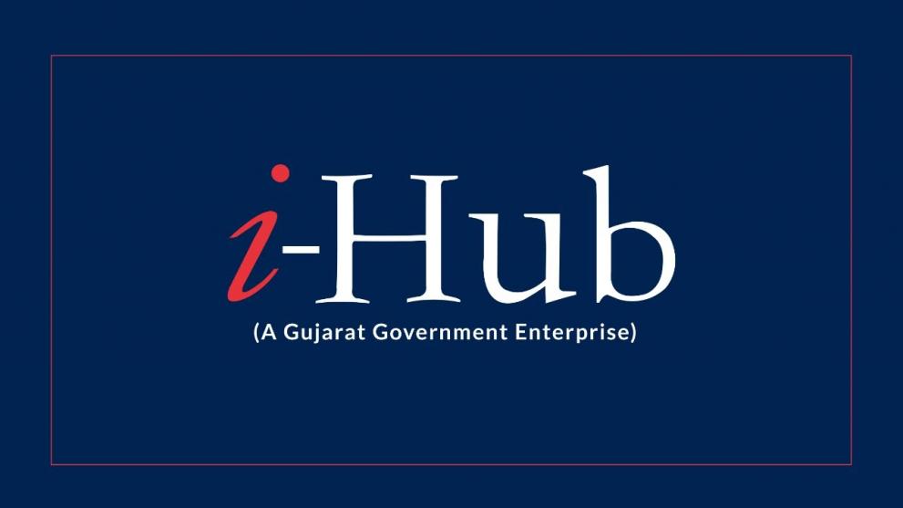 I-Hub Logo (blue backgroun, 'i' in small case italics in red colour hyphen 'hub' in white color